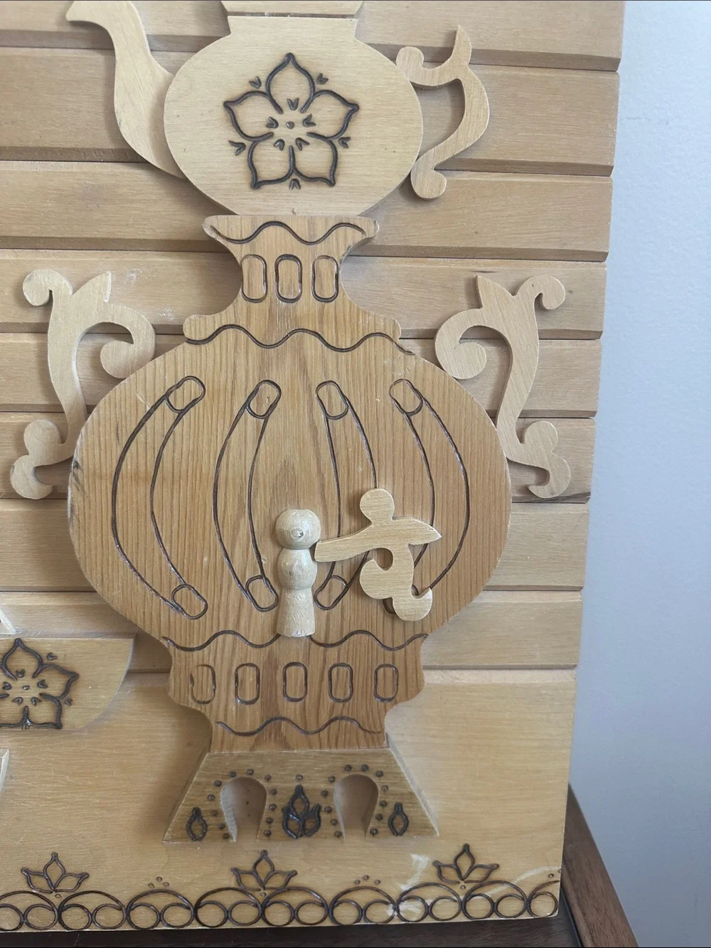 Vintage 1992 Russian Wooden Wall Plaque Panel - Samovar Tea Culture Folk Art